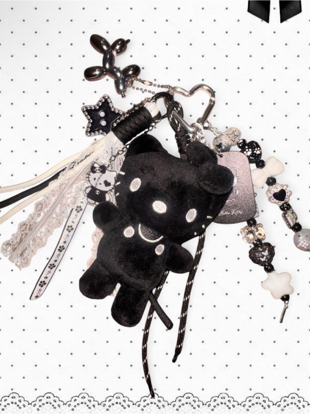 Handmade Hello Kitty Black and White Plush Keychain Charm for Bags, Backpacks
